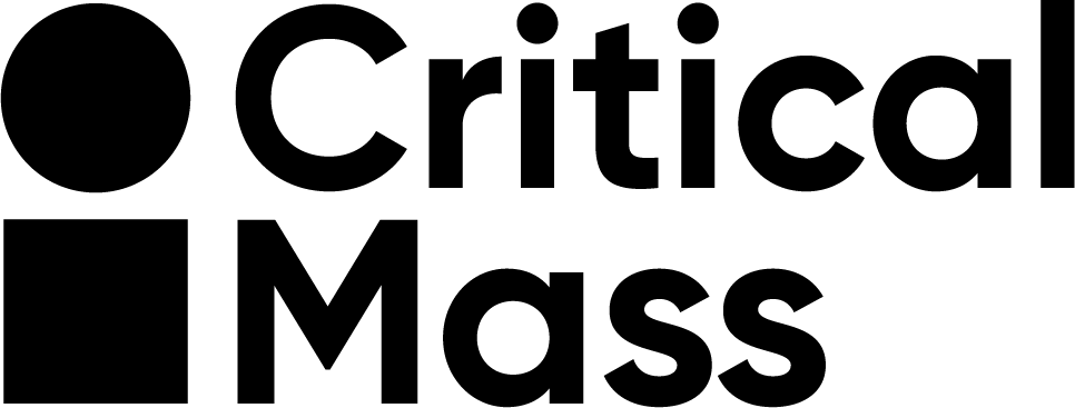 Critical Mass logo has a circle on top of a square, suggesting human silhouette in minimalist shapes. The wordmark Critical Mass is beside it in sans serif font.